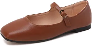 Women's Mary Jane Ballet Flats, Pink Leather, Square Toe, Buckle Strap