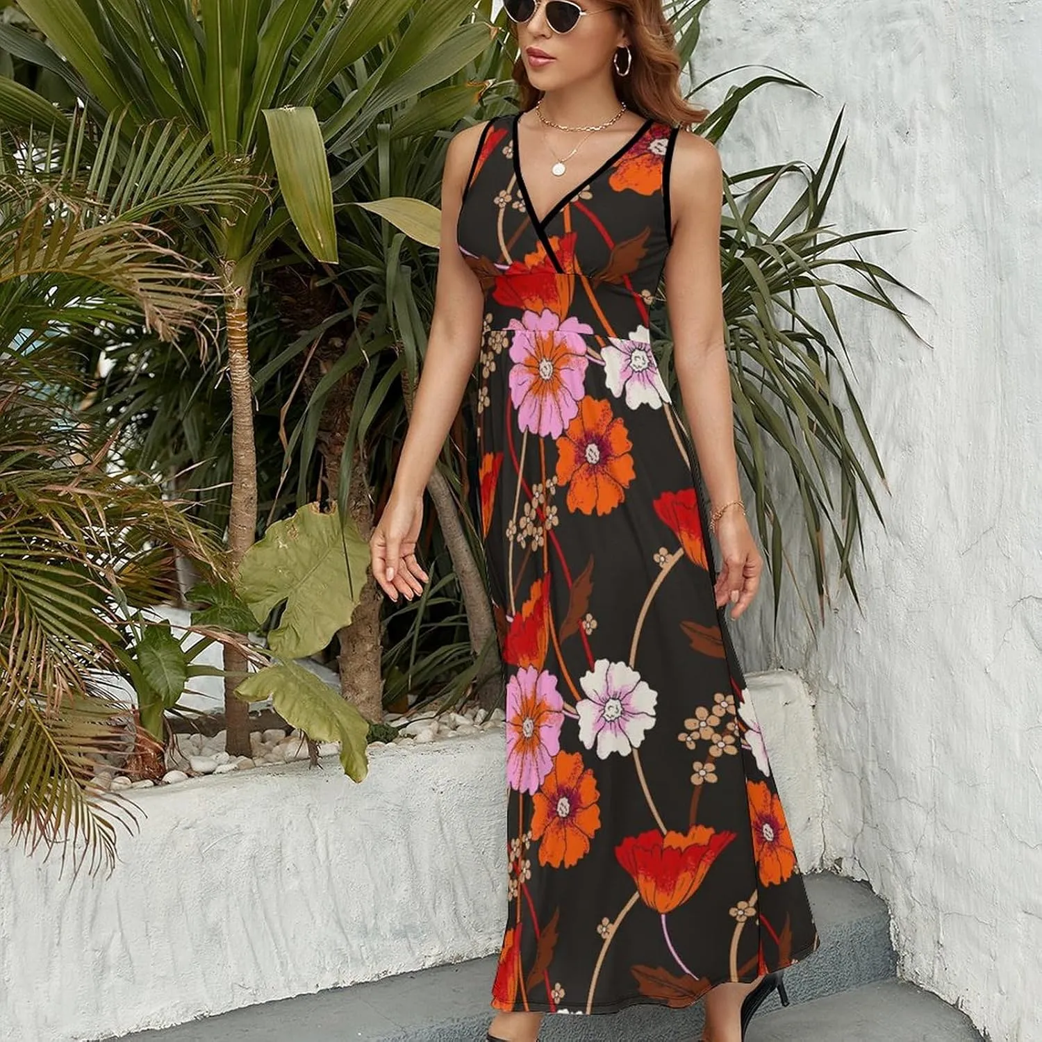 Women's Maxi Long Dress Vintage Bright Flowers Casual Sleeveless Summer Beach Dress