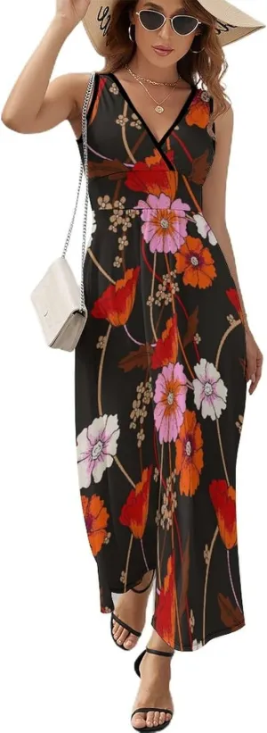 Women's Maxi Long Dress Vintage Bright Flowers Casual Sleeveless Summer Beach Dress