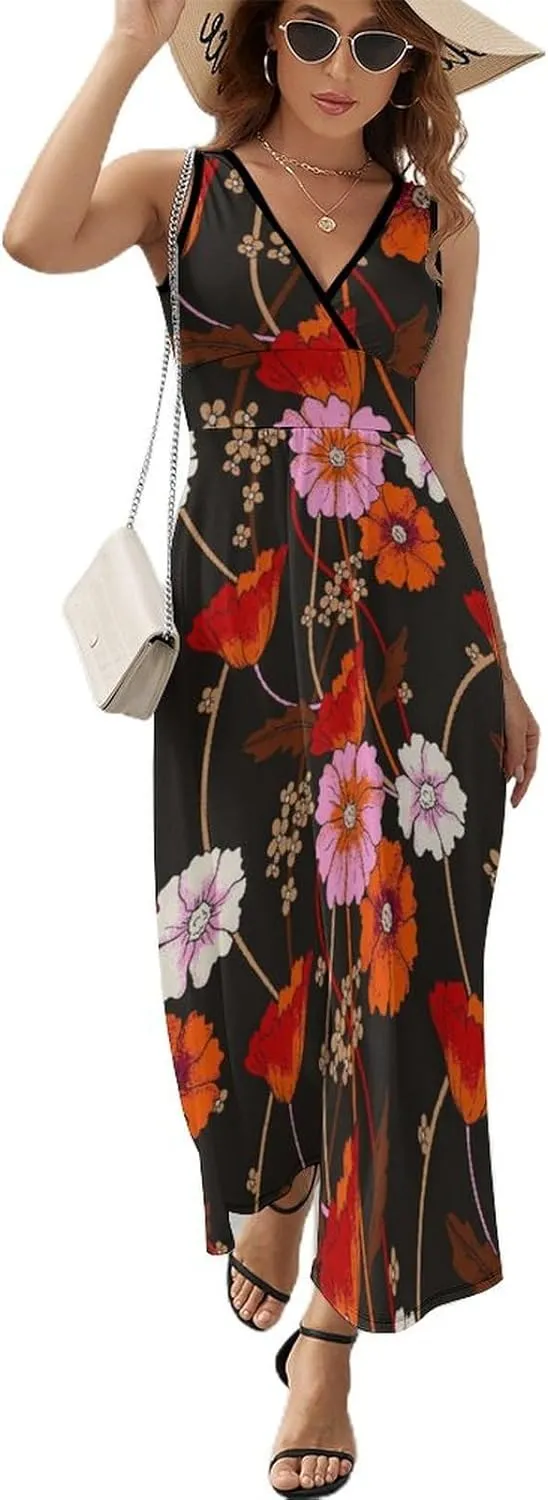 Women's Maxi Long Dress Vintage Bright Flowers Casual Sleeveless Summer Beach Dress