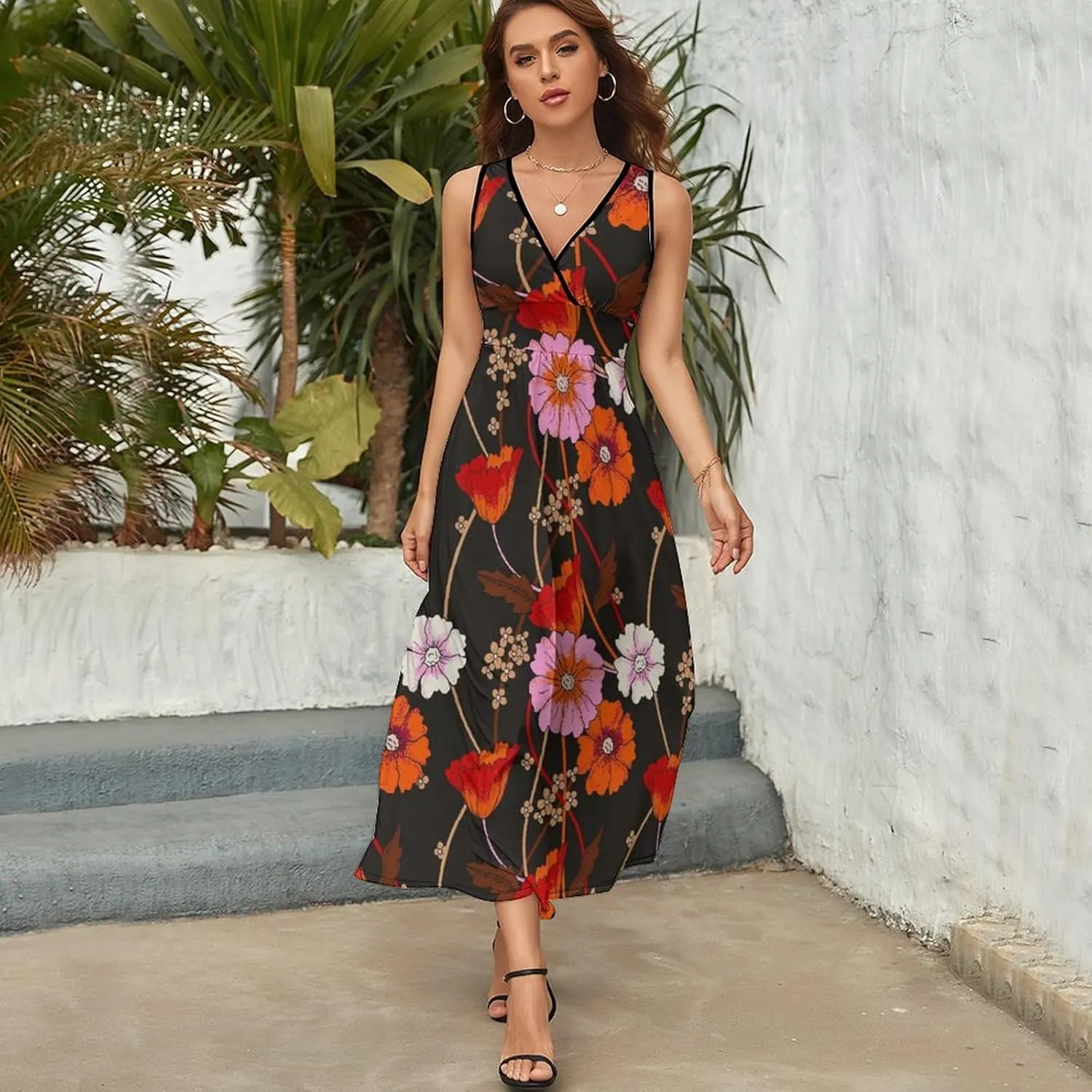 Women's Maxi Long Dress Vintage Bright Flowers Casual Sleeveless Summer Beach Dress