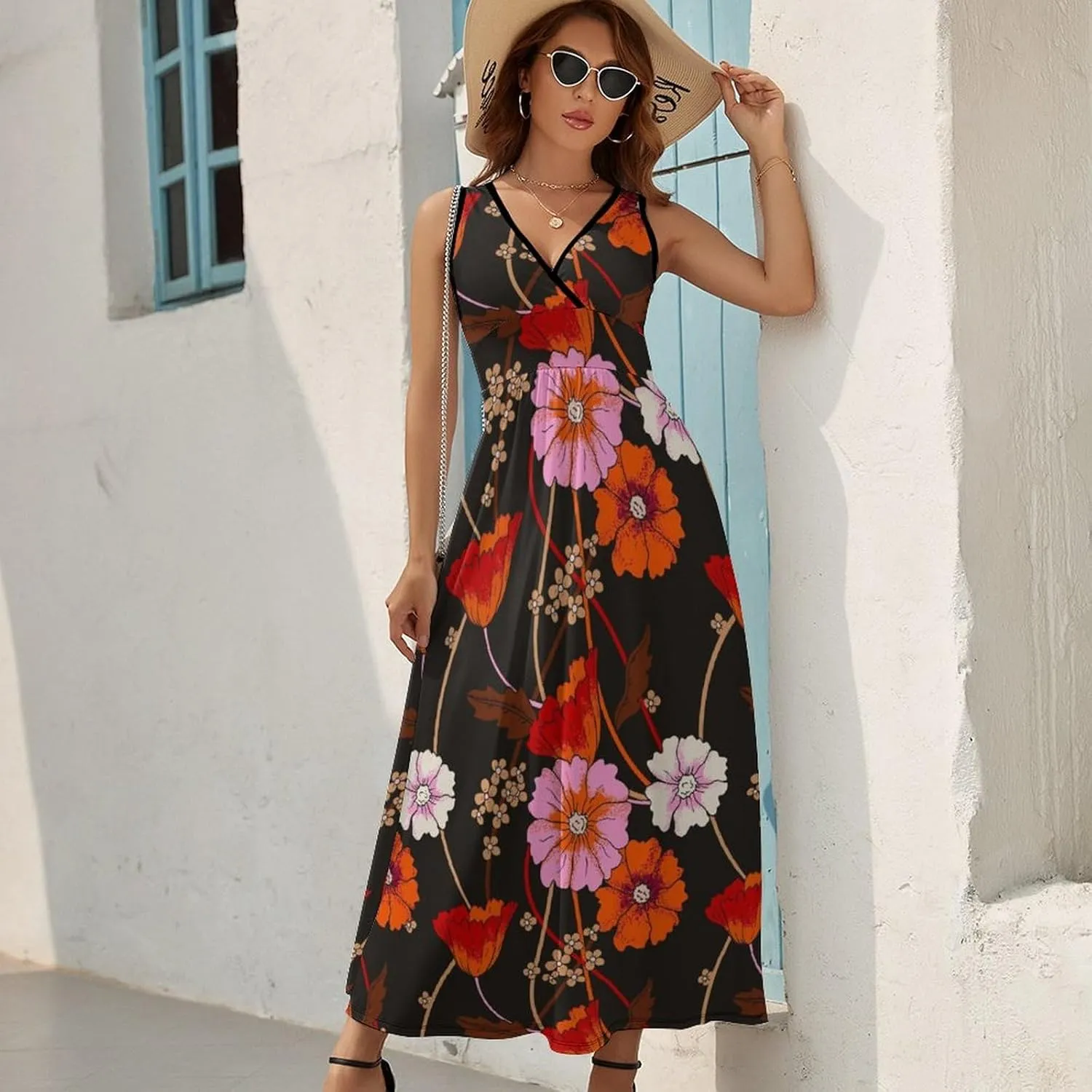 Women's Maxi Long Dress Vintage Bright Flowers Casual Sleeveless Summer Beach Dress