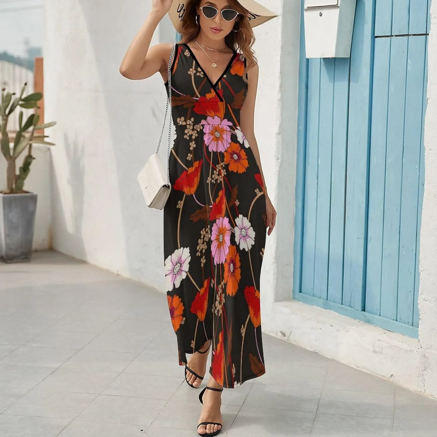 Women's Maxi Long Dress Vintage Bright Flowers Casual Sleeveless Summer Beach Dress