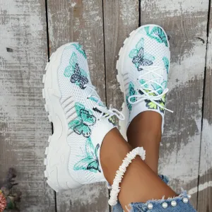 Women's Mesh Lace-Up Fashion Sneakers - Breathable Adorable Butterflies Casual & Comfortable Walking Shoes