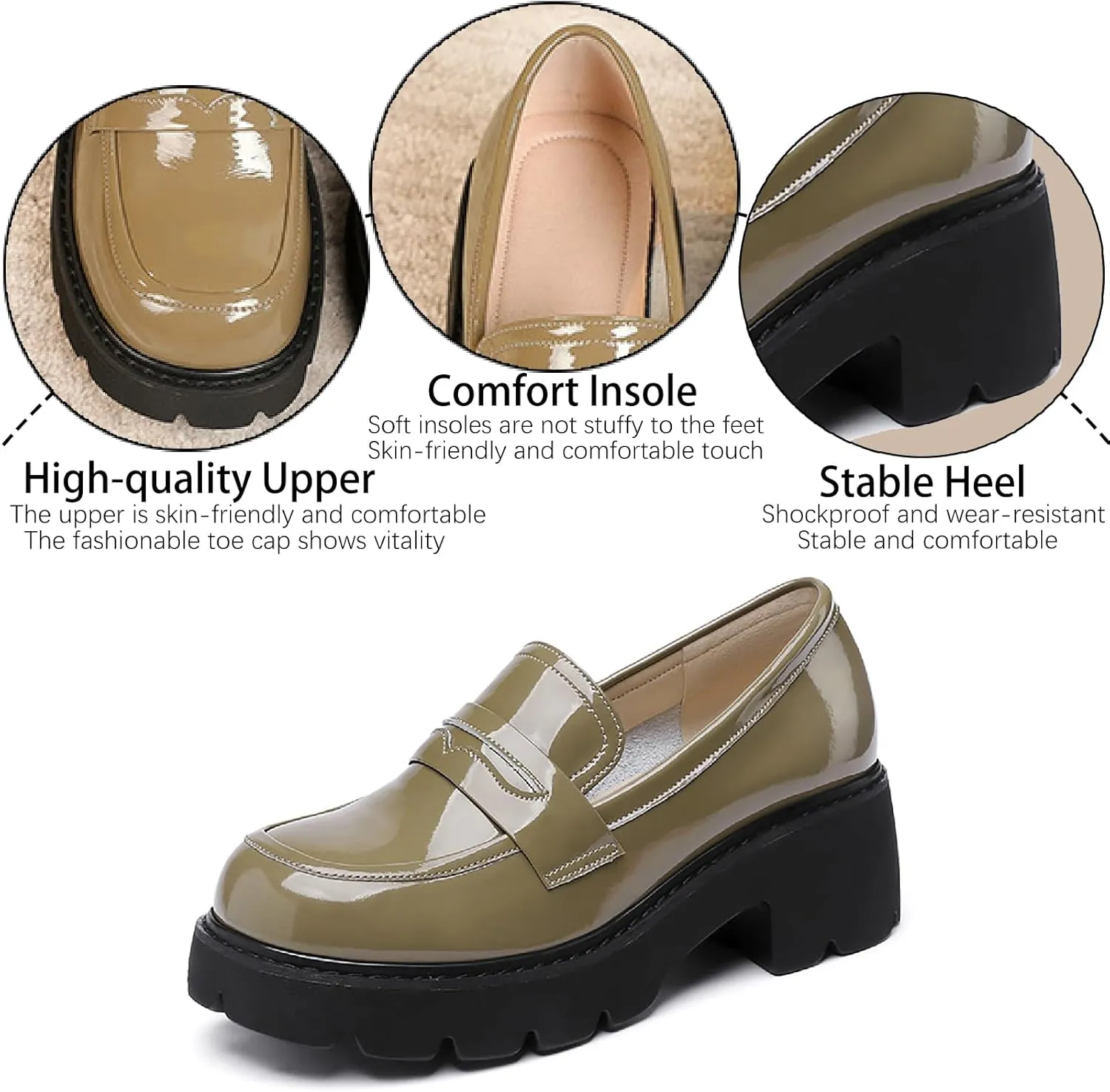 Women's Patent Leather Platform Chunky Heels Loafers Classic Round Toe Anti-Slip Lug Sole Comfortable Mid Heel Slip On Loafers for Casual Date Work Dess Shoes