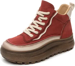 Women's Platform Mid Top Lace Up Casual Shoes Cozy Fur Lining Warm Non-Slip Fashion Chunky Height Increasing Walking Sneakers