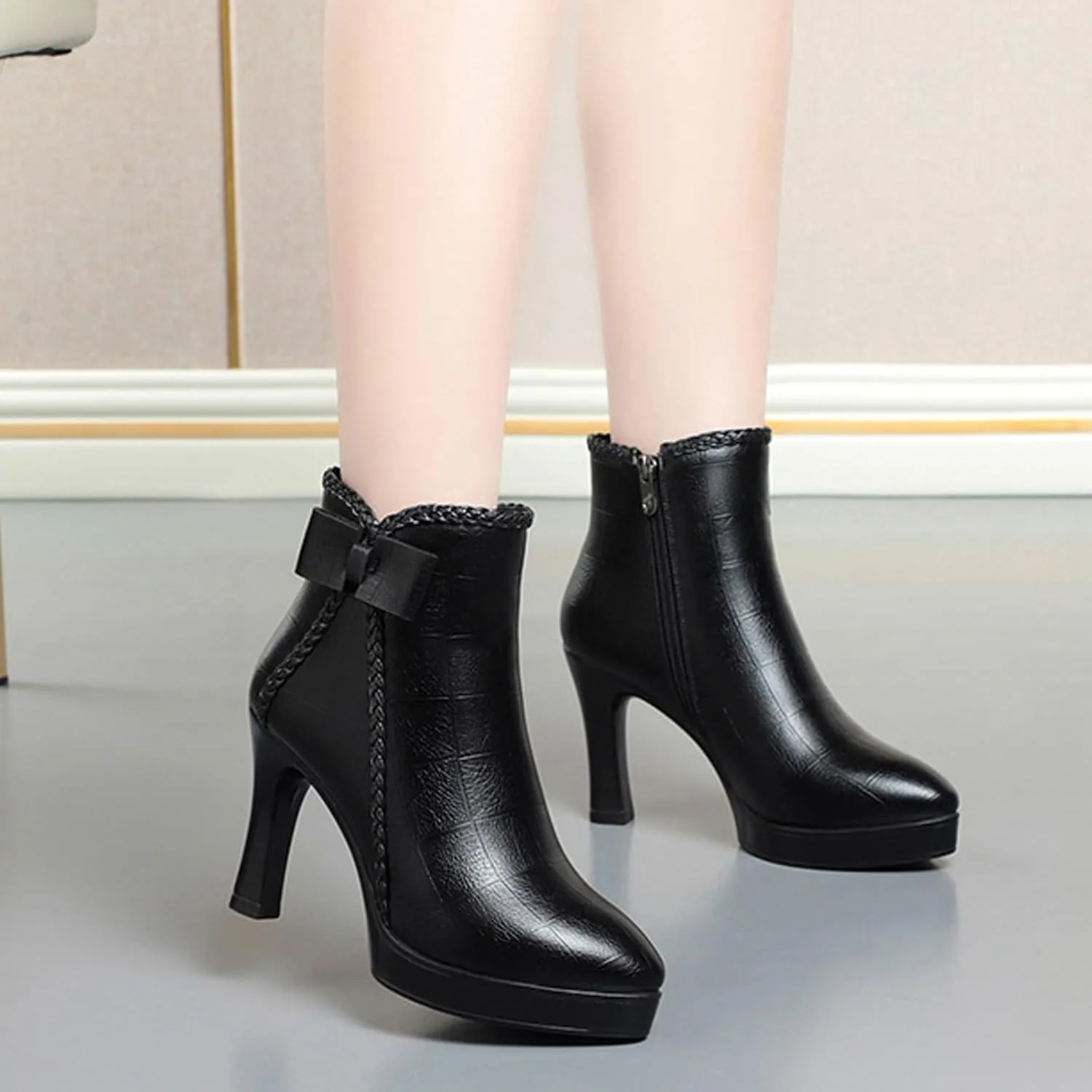 Women's Pointed Toe Chunky Heel Bow Ankle Boots Fashion Leather Side Zipper Comfortable Fur Lined Low Block Heel Short Booties Casual Winter Kitten Heel Dress Boots