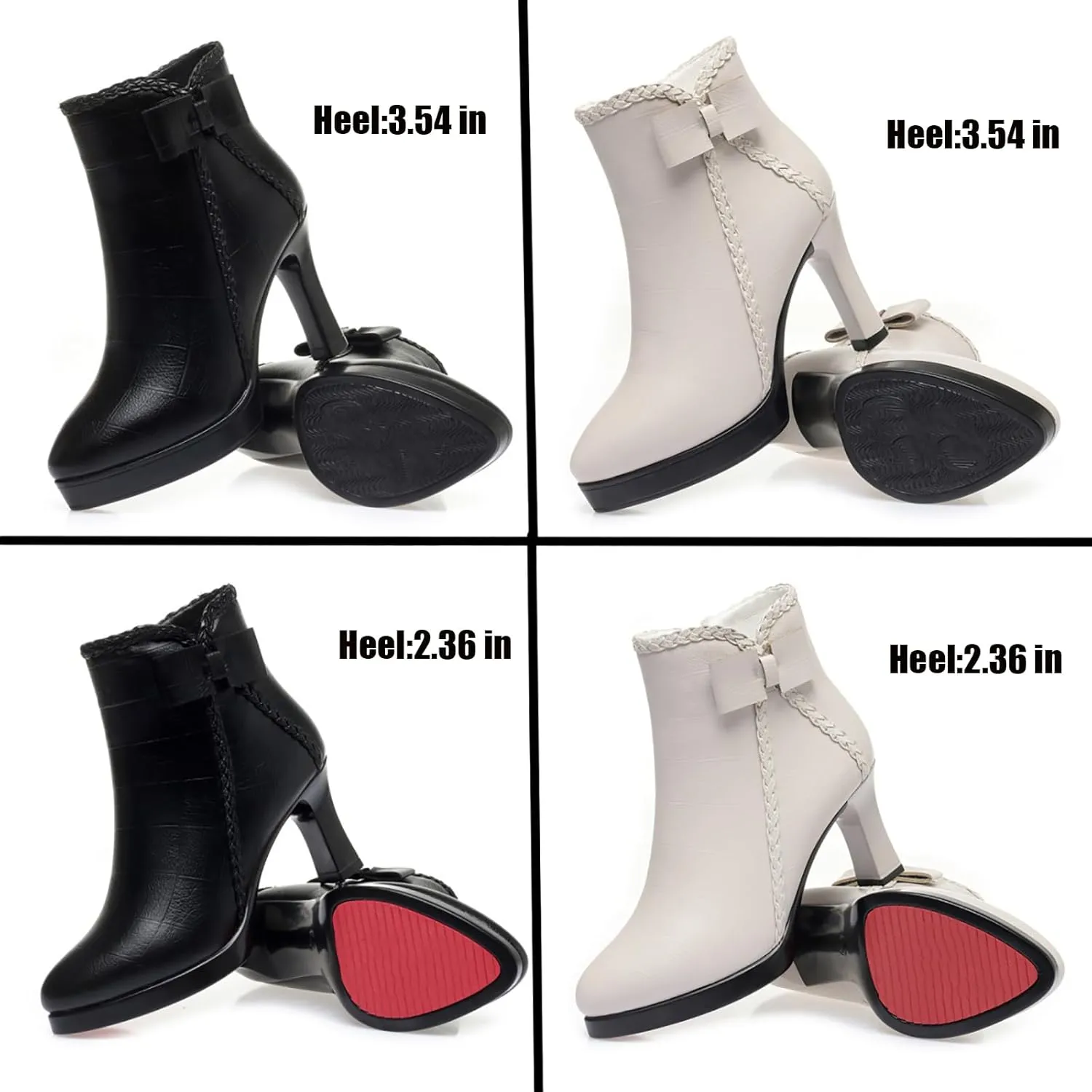 Women's Pointed Toe Chunky Heel Bow Ankle Boots Fashion Leather Side Zipper Comfortable Fur Lined Low Block Heel Short Booties Casual Winter Kitten Heel Dress Boots