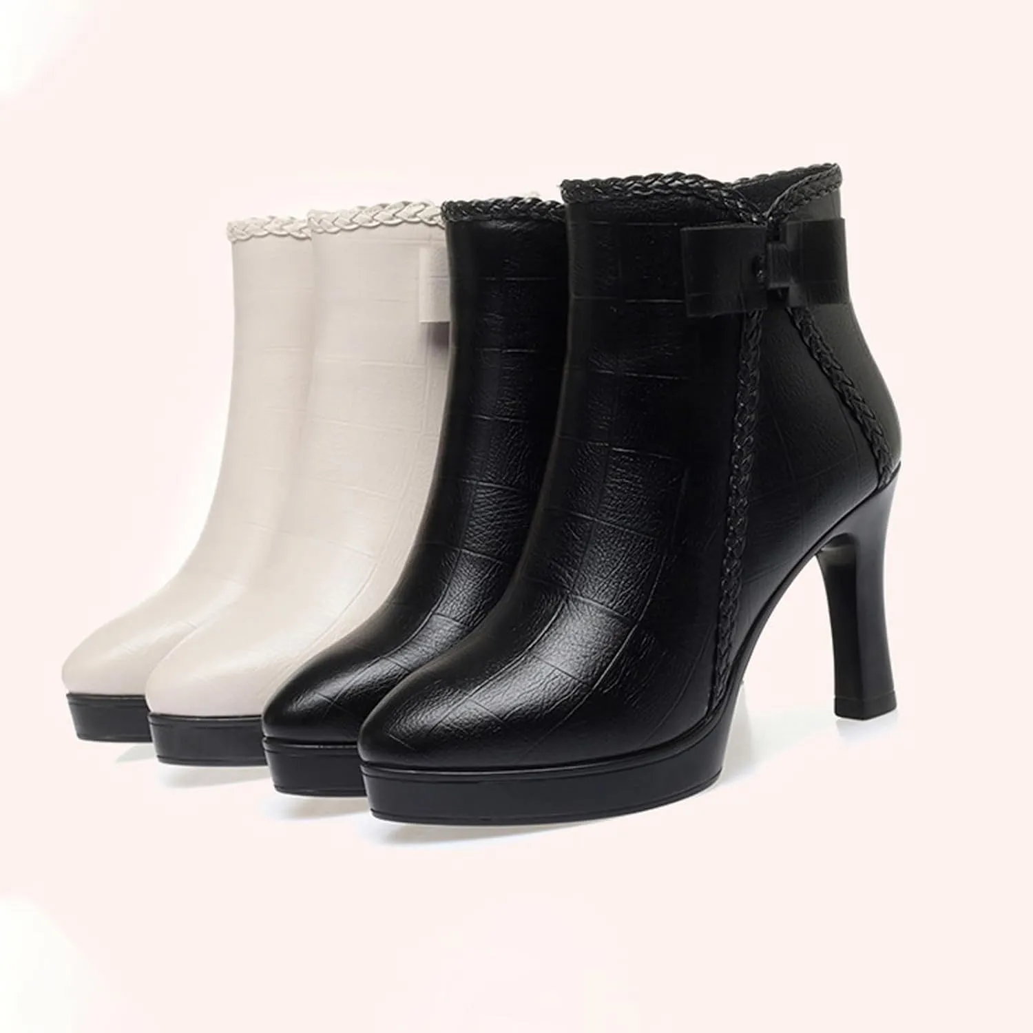 Women's Pointed Toe Chunky Heel Bow Ankle Boots Fashion Leather Side Zipper Comfortable Fur Lined Low Block Heel Short Booties Casual Winter Kitten Heel Dress Boots