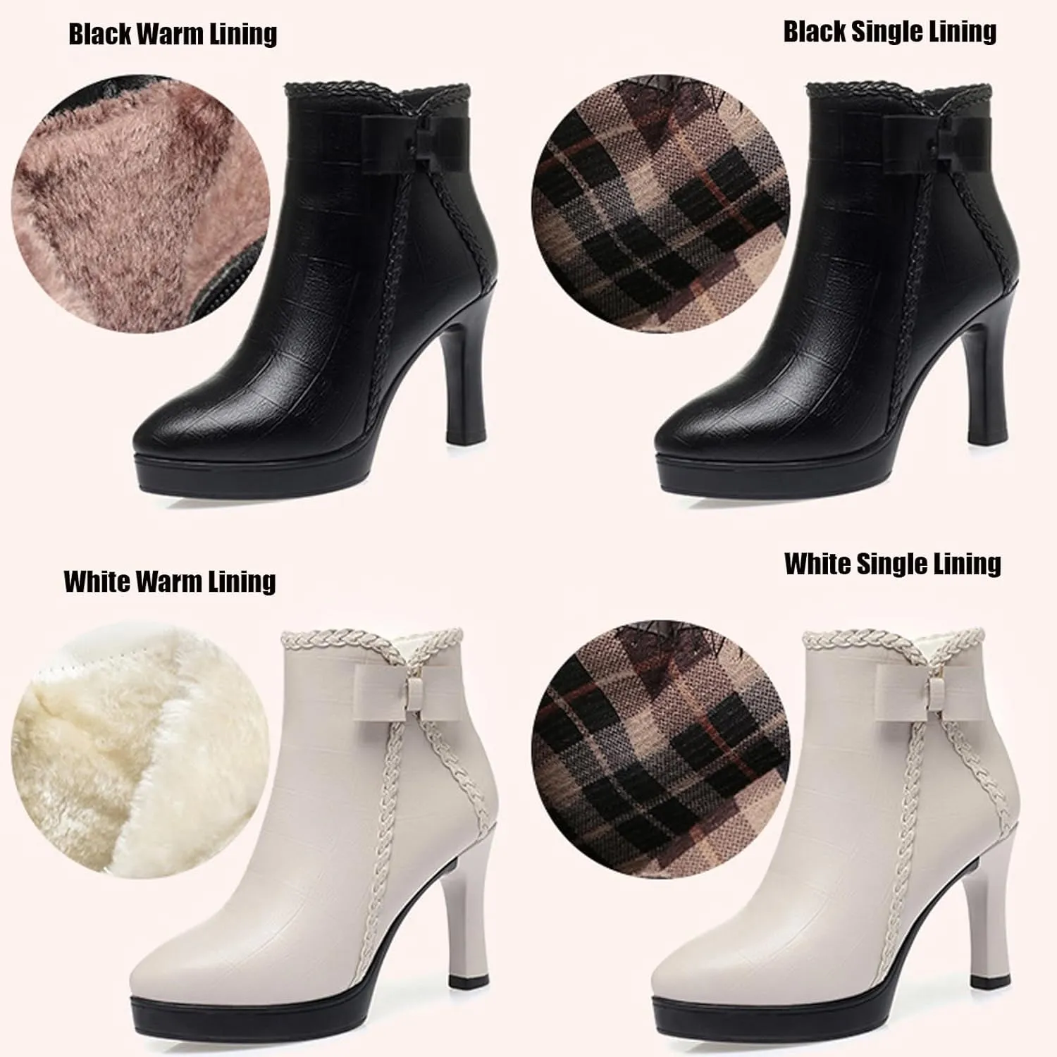 Women's Pointed Toe Chunky Heel Bow Ankle Boots Fashion Leather Side Zipper Comfortable Fur Lined Low Block Heel Short Booties Casual Winter Kitten Heel Dress Boots