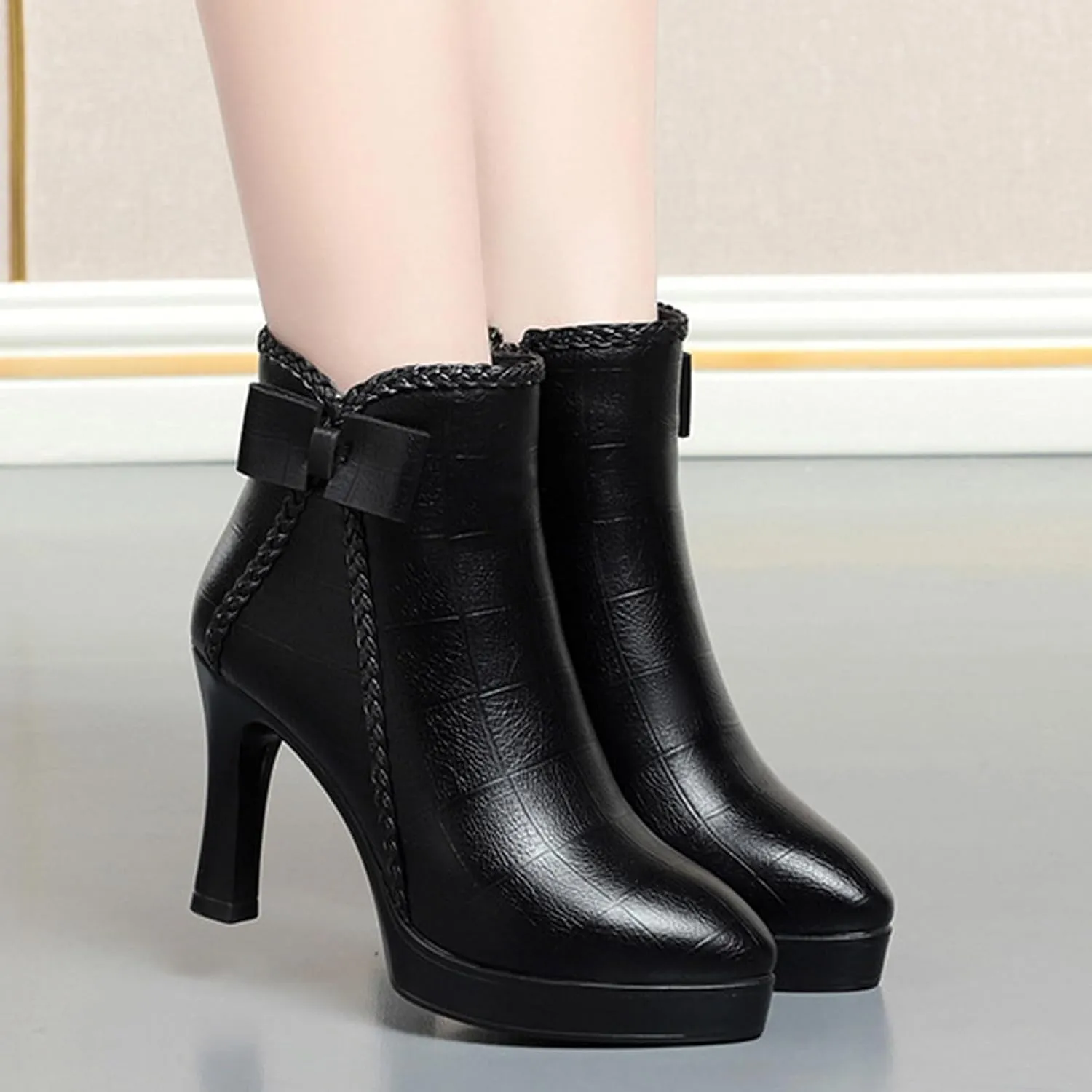 Women's Pointed Toe Chunky Heel Bow Ankle Boots Fashion Leather Side Zipper Comfortable Fur Lined Low Block Heel Short Booties Casual Winter Kitten Heel Dress Boots