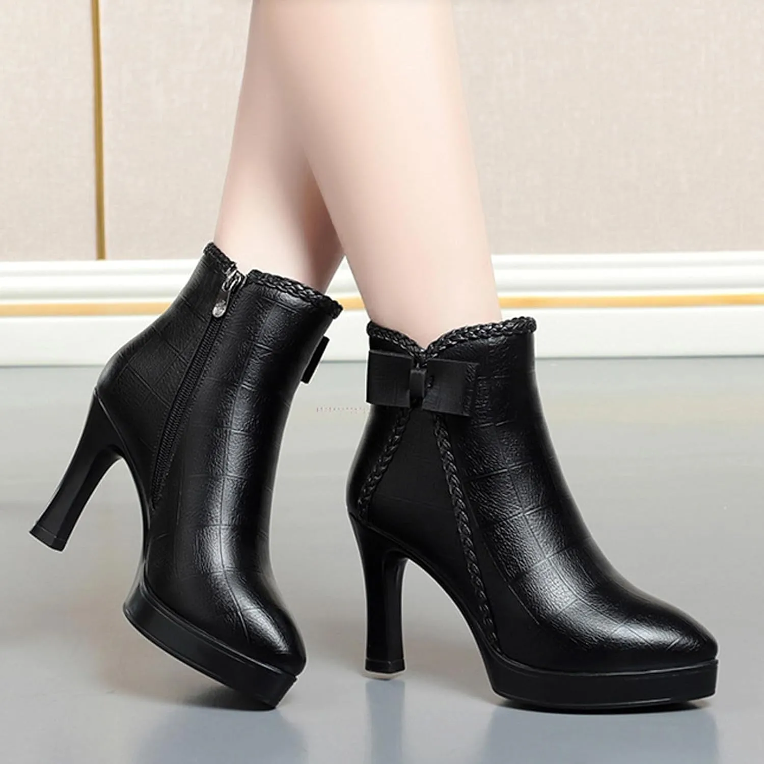 Women's Pointed Toe Chunky Heel Bow Ankle Boots Fashion Leather Side Zipper Comfortable Fur Lined Low Block Heel Short Booties Casual Winter Kitten Heel Dress Boots