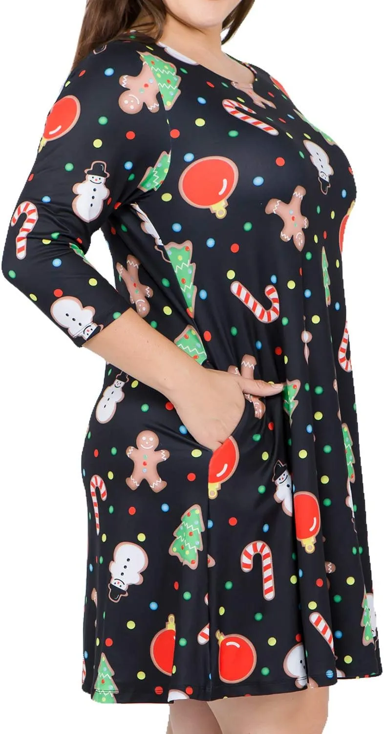 Women’s Printed Crew Neck A-Line Dresses with Pockets Casual Tropical Floral Novelty Animal Christmas Patterns