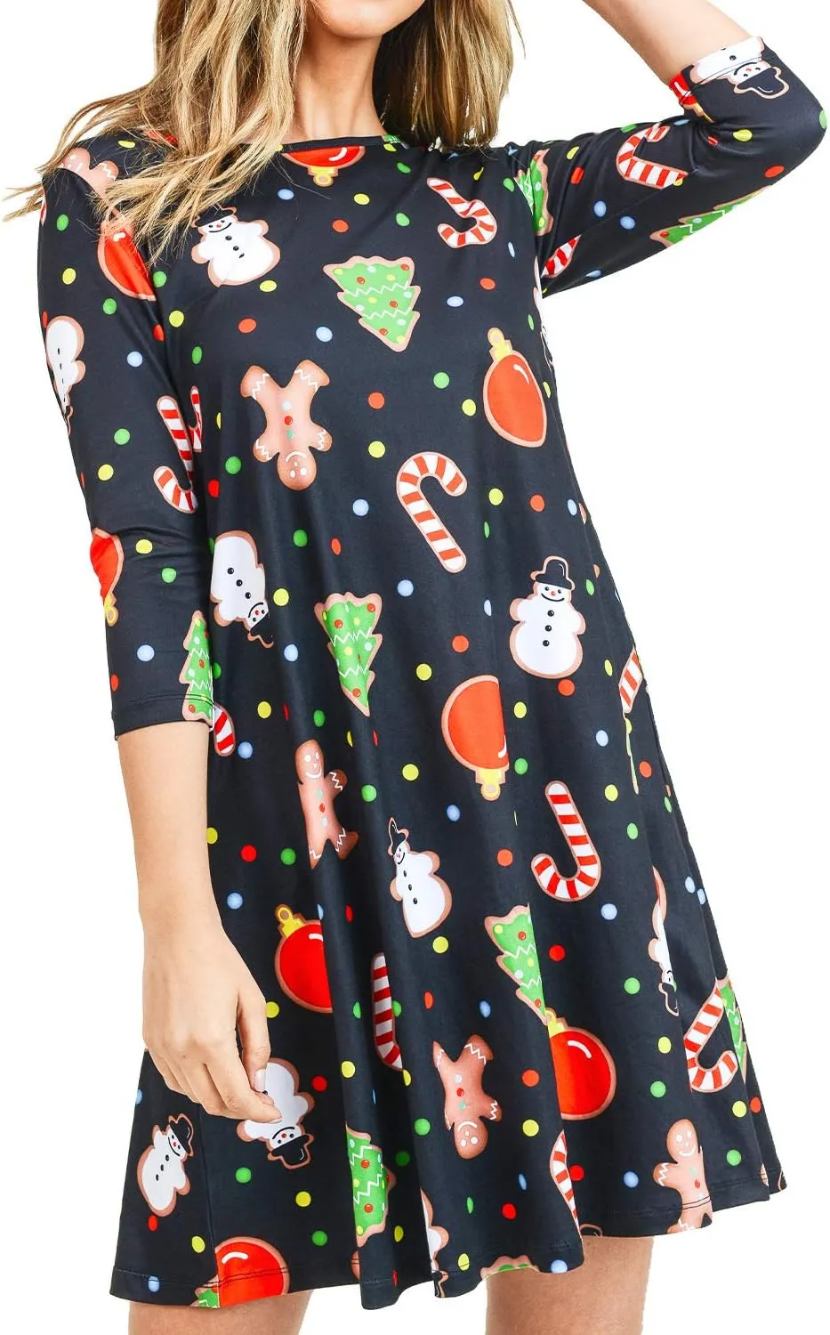 Women’s Printed Crew Neck A-Line Dresses with Pockets Casual Tropical Floral Novelty Animal Christmas Patterns