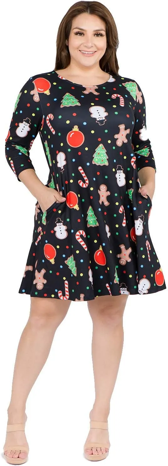 Women’s Printed Crew Neck A-Line Dresses with Pockets Casual Tropical Floral Novelty Animal Christmas Patterns