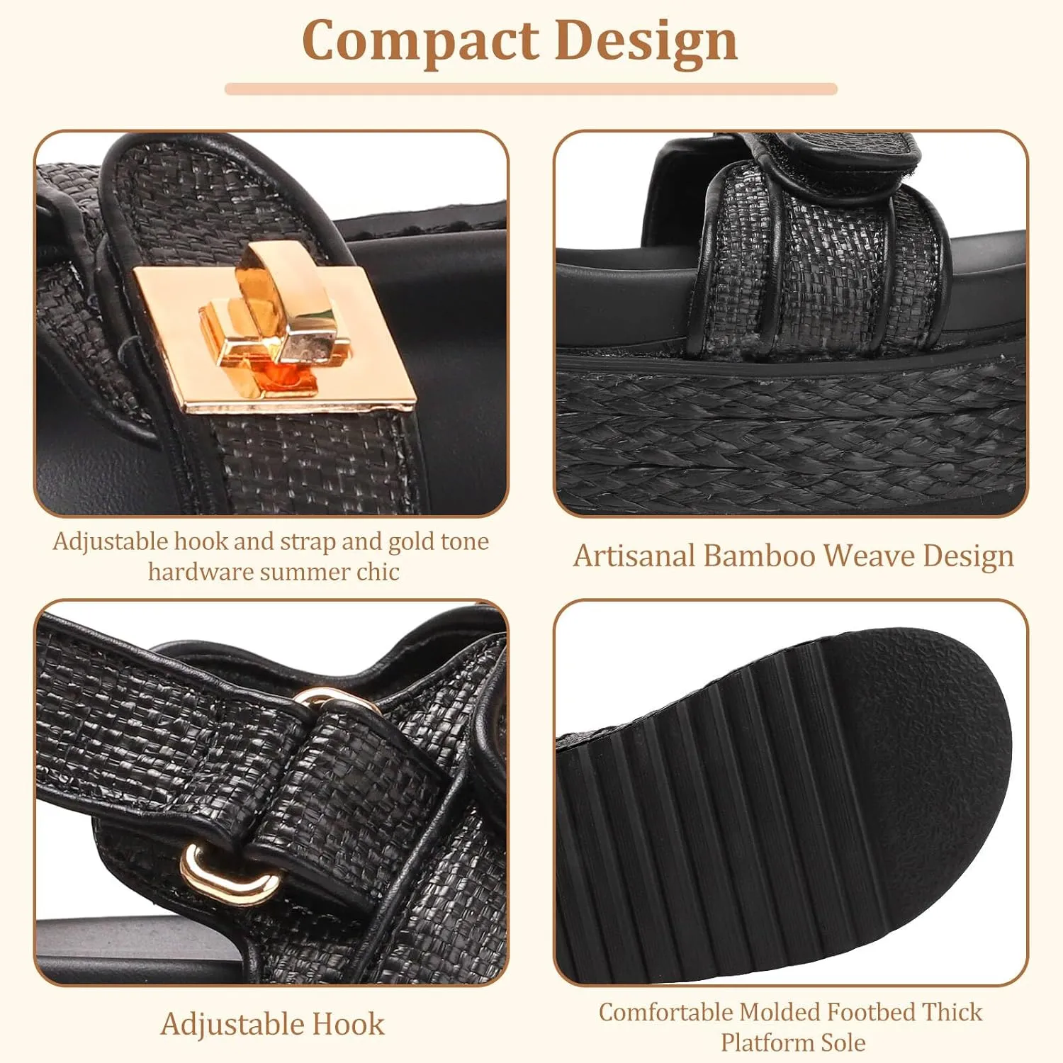 Womens Raffia Platform Sandals Summer Beach Rattan Chunky Woven Platform Sandals with Adjustable Double Buckle