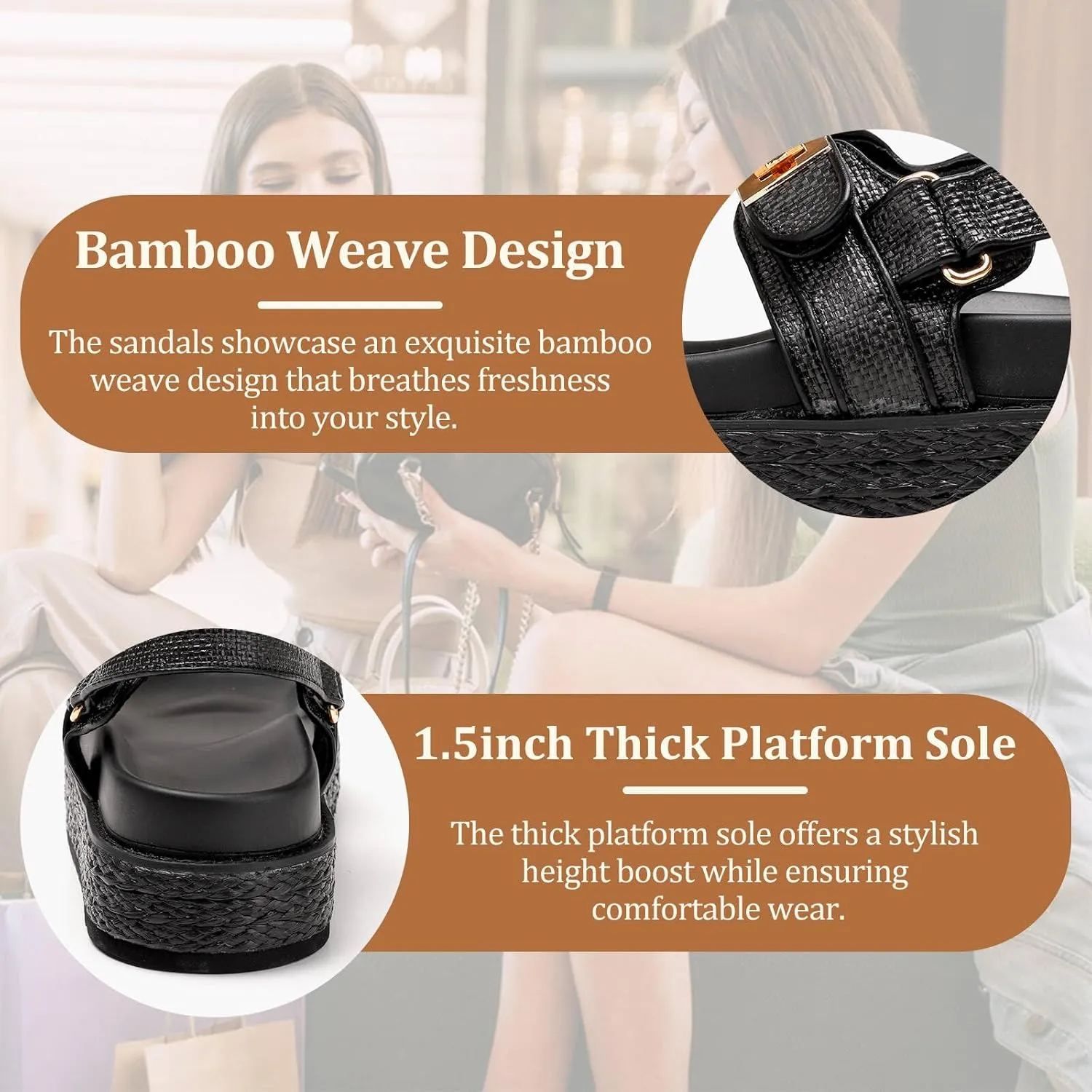 Womens Raffia Platform Sandals Summer Beach Rattan Chunky Woven Platform Sandals with Adjustable Double Buckle