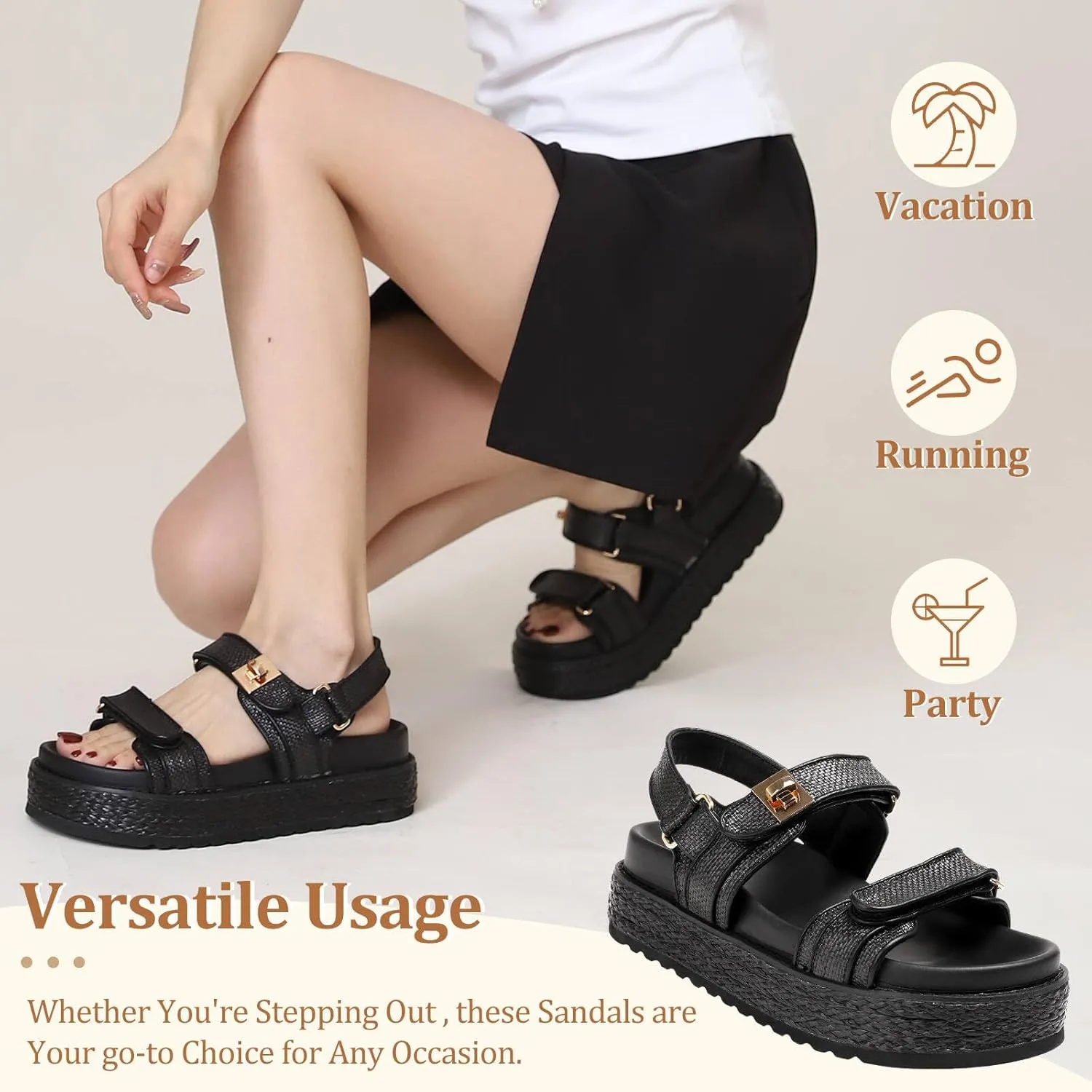 Womens Raffia Platform Sandals Summer Beach Rattan Chunky Woven Platform Sandals with Adjustable Double Buckle