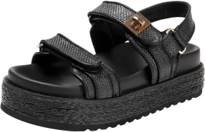 Womens Raffia Platform Sandals Summer Beach Rattan Chunky Woven Platform Sandals with Adjustable Double Buckle