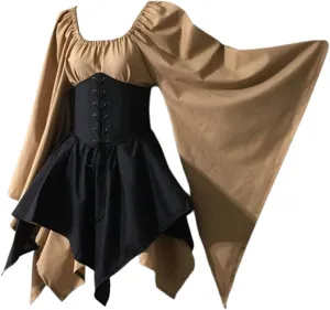 Women's Renaissance Medieval Dress Plus Size Flare Sleeve with Corset Halloween Victorian Dress