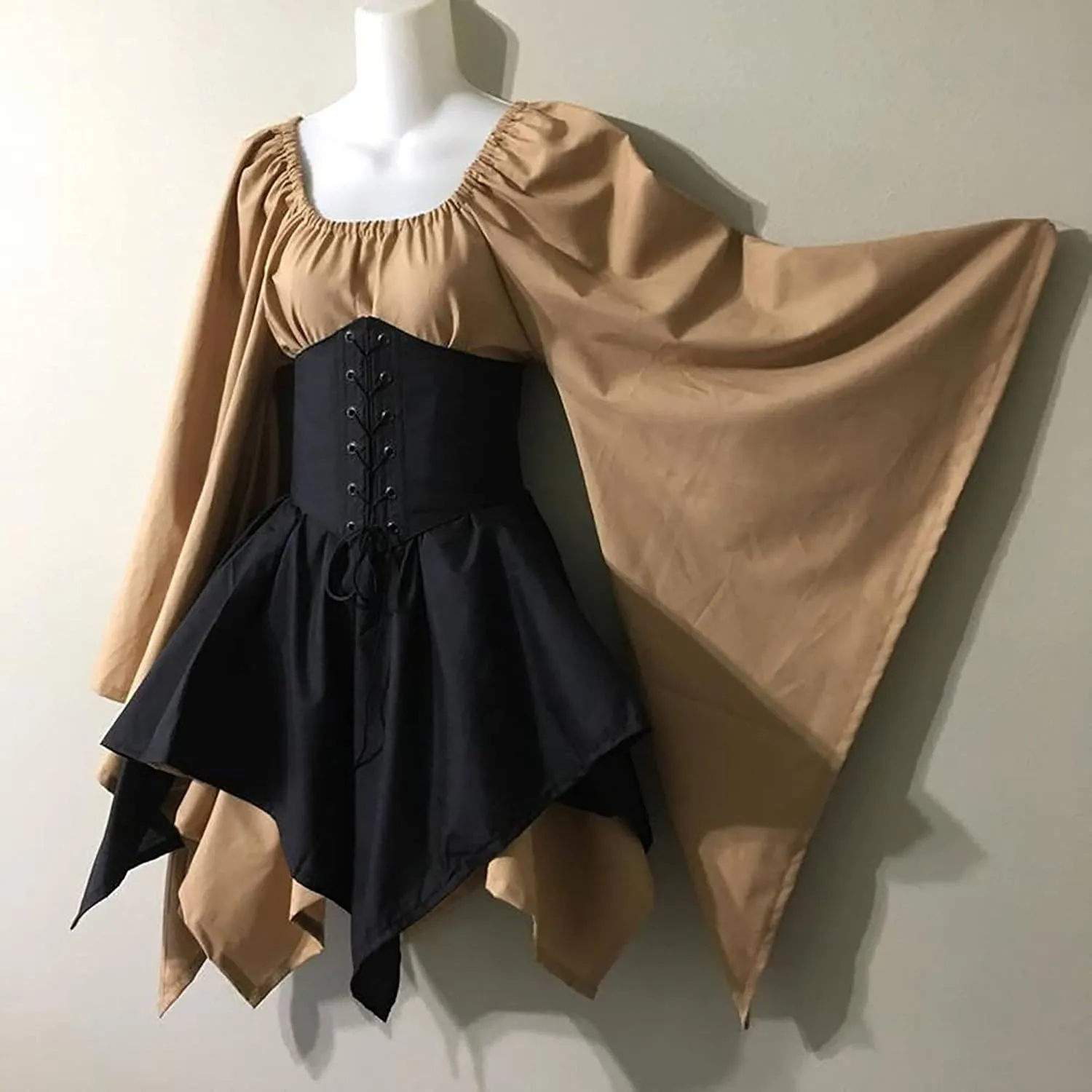 Women's Renaissance Medieval Dress Plus Size Flare Sleeve with Corset Halloween Victorian Dress