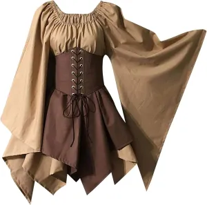 Women's Renaissance Medieval Dress Plus Size Flare Sleeve with Corset Halloween Victorian Dress