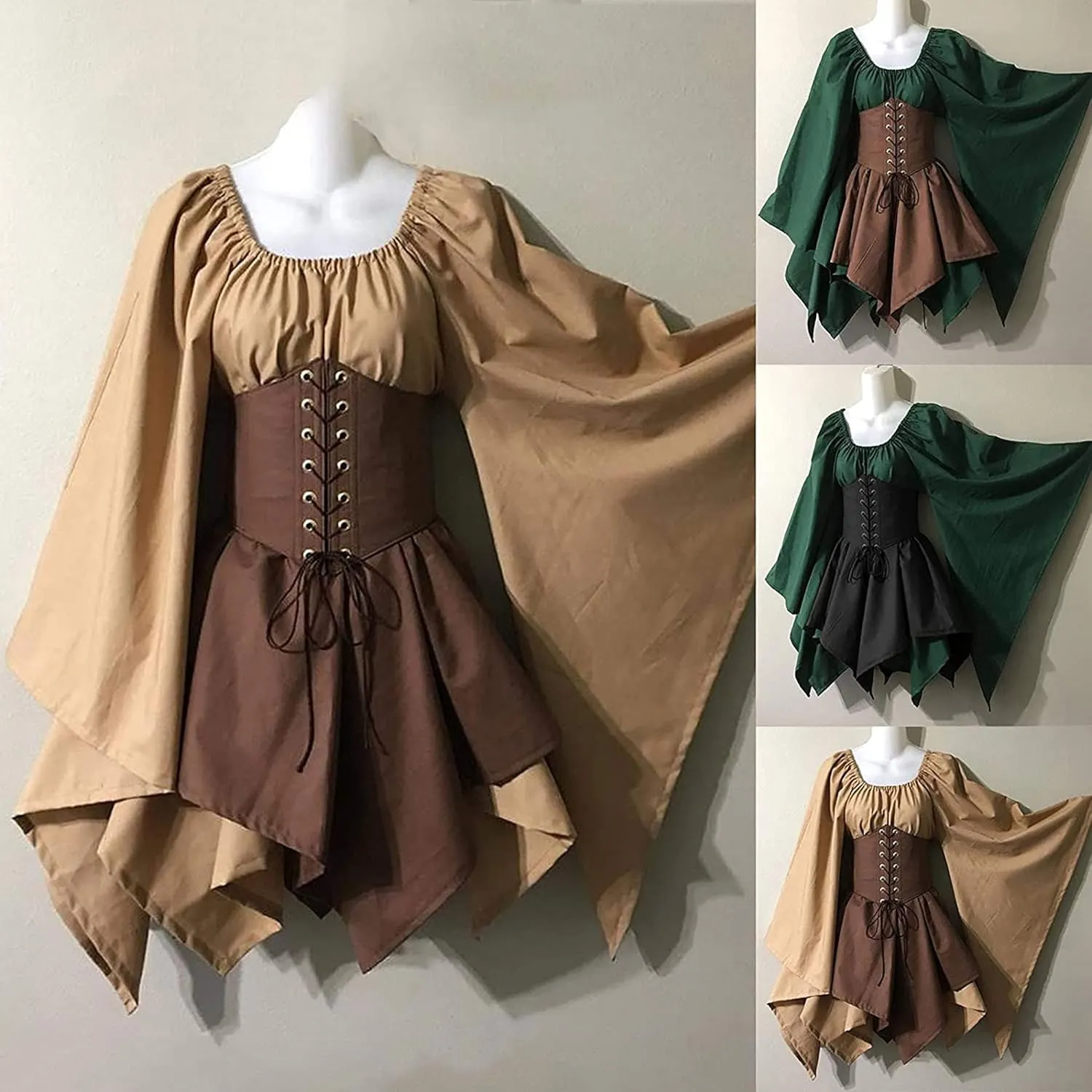 Women's Renaissance Medieval Dress Plus Size Flare Sleeve with Corset Halloween Victorian Dress