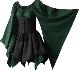 Women's Renaissance Medieval Dress Plus Size Flare Sleeve with Corset Halloween Victorian Dress
