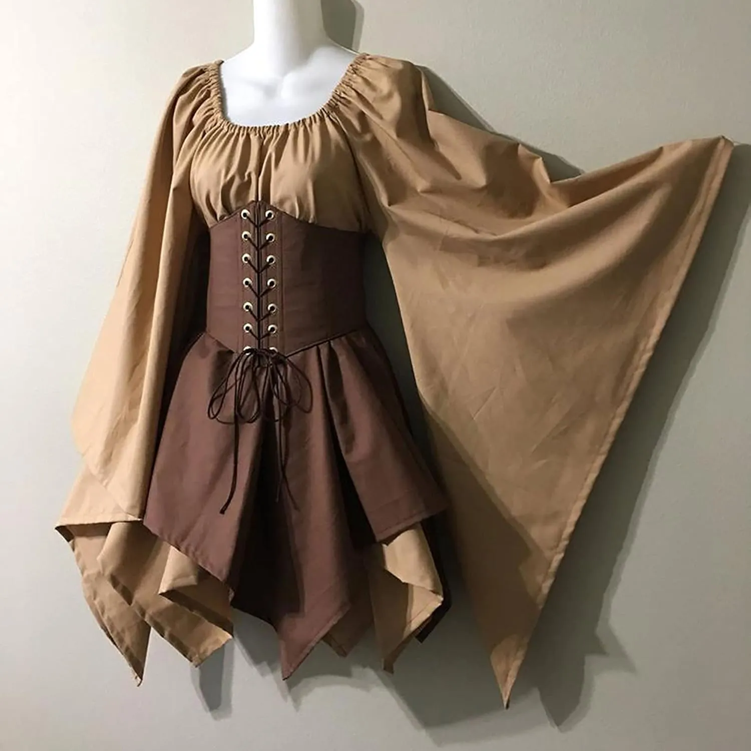 Women's Renaissance Medieval Dress Plus Size Flare Sleeve with Corset Halloween Victorian Dress