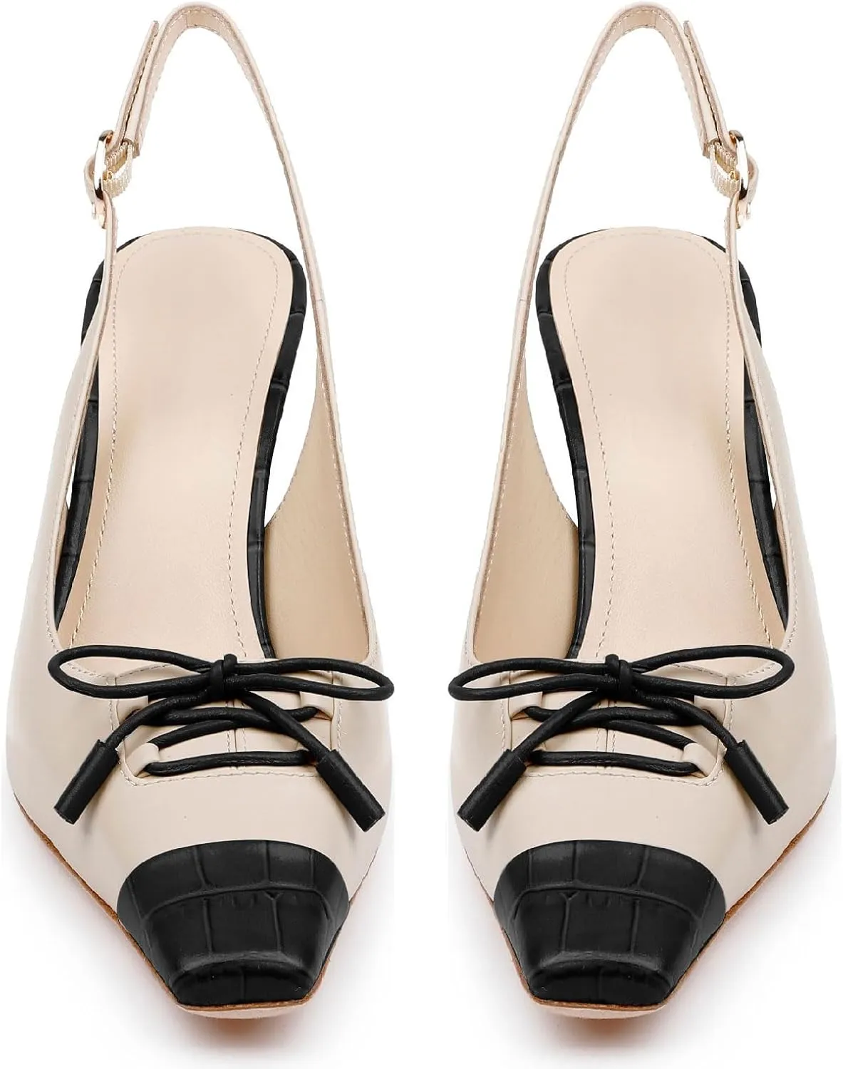 Women's Retro Cap Toe Two Toned Lace Up Design Kitten Heel Slingback Pumps High Heel Square Toe Bowknot Slingback Shoes with Buckle Stiletto Heels for Women