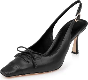 Women's Retro Cap Toe Two Toned Lace Up Design Kitten Heel Slingback Pumps High Heel Square Toe Bowknot Slingback Shoes with Buckle Stiletto Heels for Women