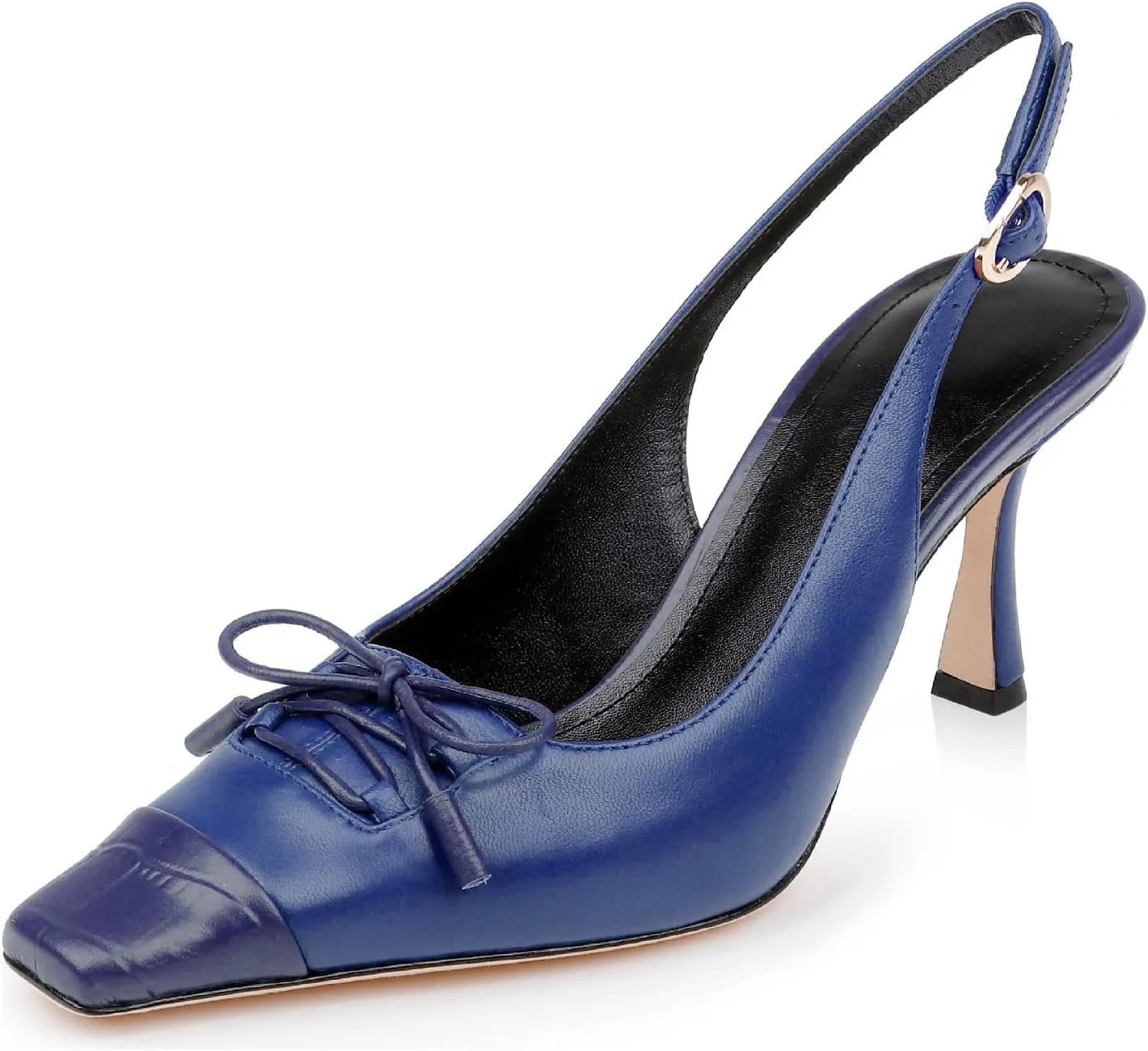 Women's Retro Cap Toe Two Toned Lace Up Design Kitten Heel Slingback Pumps High Heel Square Toe Bowknot Slingback Shoes with Buckle Stiletto Heels for Women