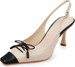 Women's Retro Cap Toe Two Toned Lace Up Design Kitten Heel Slingback Pumps High Heel Square Toe Bowknot Slingback Shoes with Buckle Stiletto Heels for Women