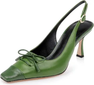 Women's Retro Cap Toe Two Toned Lace Up Design Kitten Heel Slingback Pumps High Heel Square Toe Bowknot Slingback Shoes with Buckle Stiletto Heels for Women