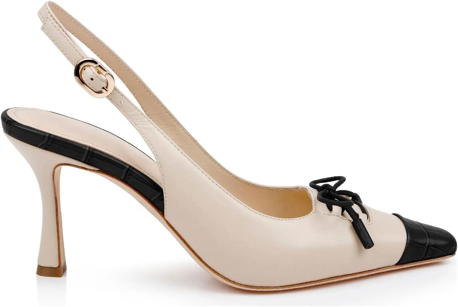 Women's Retro Cap Toe Two Toned Lace Up Design Kitten Heel Slingback Pumps High Heel Square Toe Bowknot Slingback Shoes with Buckle Stiletto Heels for Women
