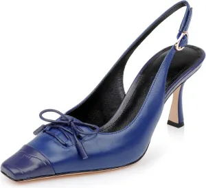 Women's Retro Cap Toe Two Toned Lace Up Design Kitten Heel Slingback Pumps High Heel Square Toe Bowknot Slingback Shoes with Buckle Stiletto Heels for Women