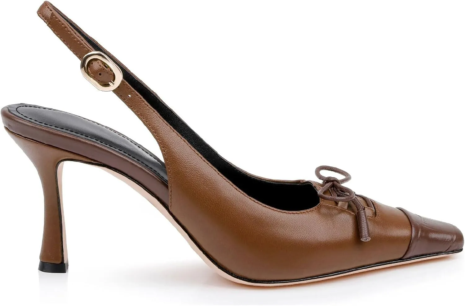 Women's Retro Cap Toe Two Toned Lace Up Design Kitten Heel Slingback Pumps High Heel Square Toe Bowknot Slingback Shoes with Buckle Stiletto Heels for Women