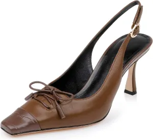 Women's Retro Cap Toe Two Toned Lace Up Design Kitten Heel Slingback Pumps High Heel Square Toe Bowknot Slingback Shoes with Buckle Stiletto Heels for Women