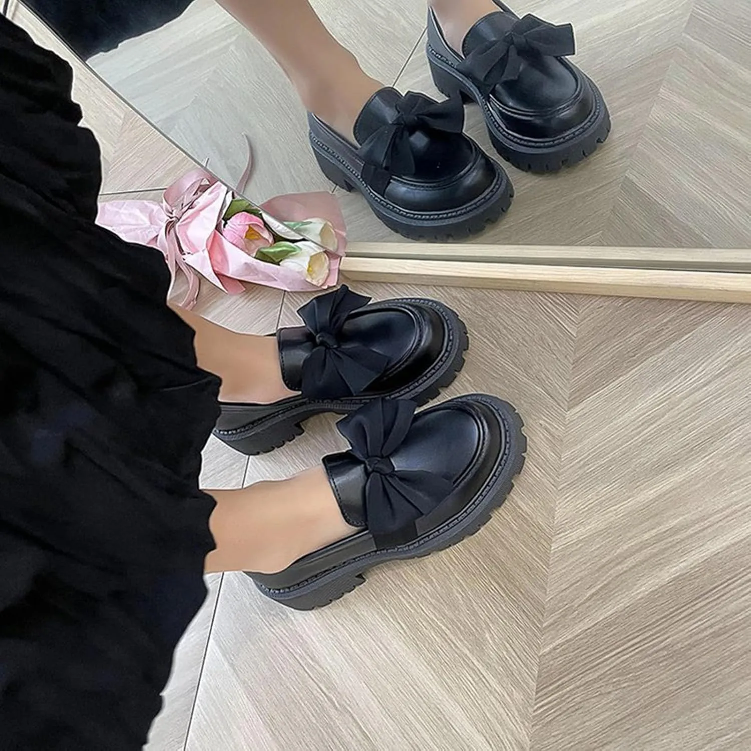 Women's Round Toe Bow Kitten Heel Shoes - 2025 Spring Retro Chunky Heel Oxford Shoes, Comfortable Work Dress Flats
