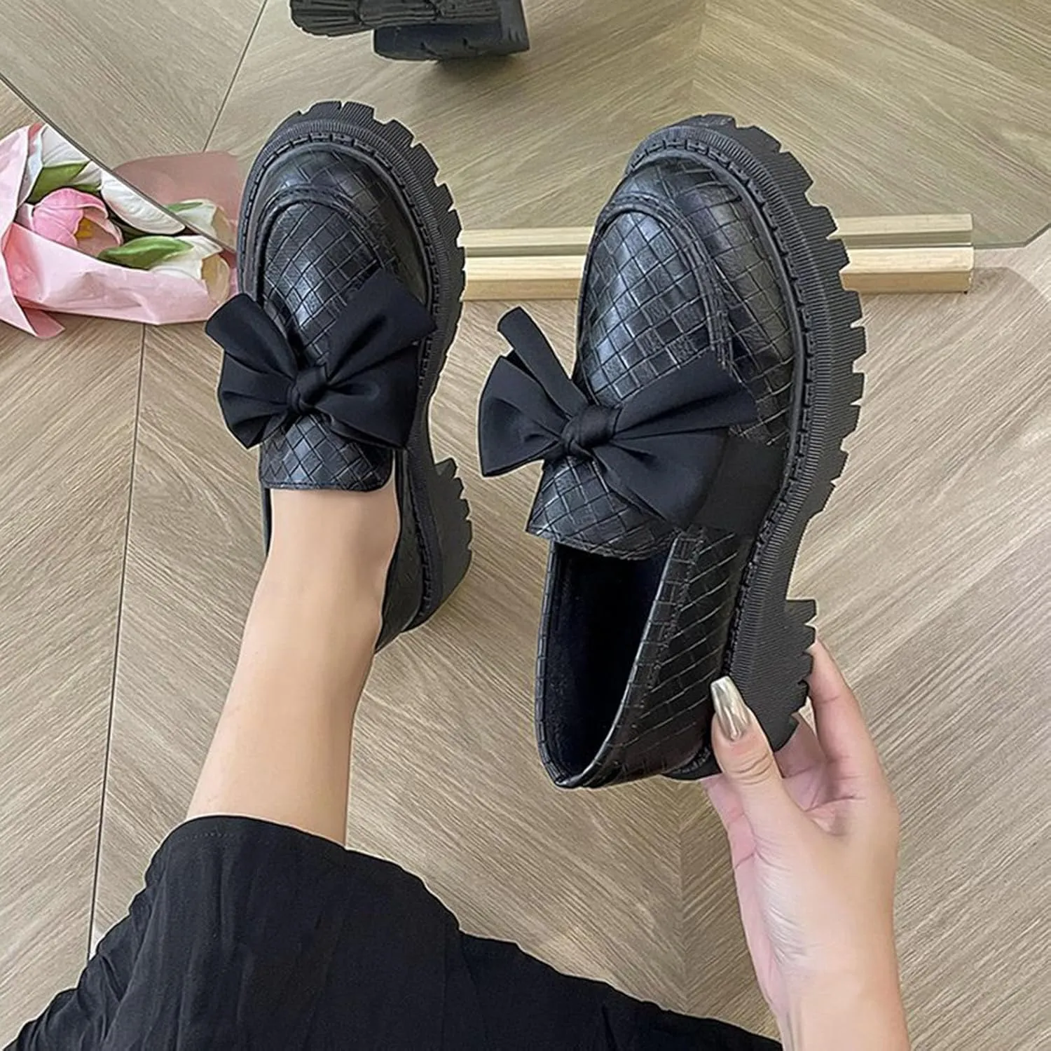 Women's Round Toe Bow Kitten Heel Shoes - 2025 Spring Retro Chunky Heel Oxford Shoes, Comfortable Work Dress Flats