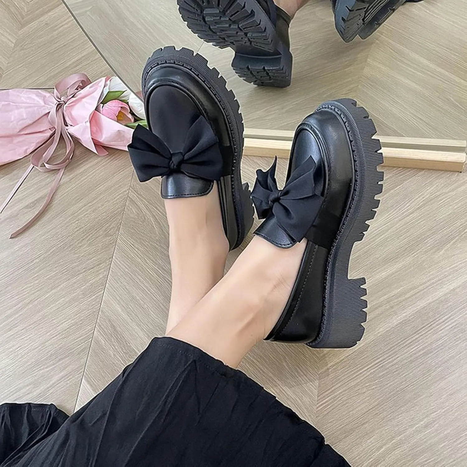 Women's Round Toe Bow Kitten Heel Shoes - 2025 Spring Retro Chunky Heel Oxford Shoes, Comfortable Work Dress Flats