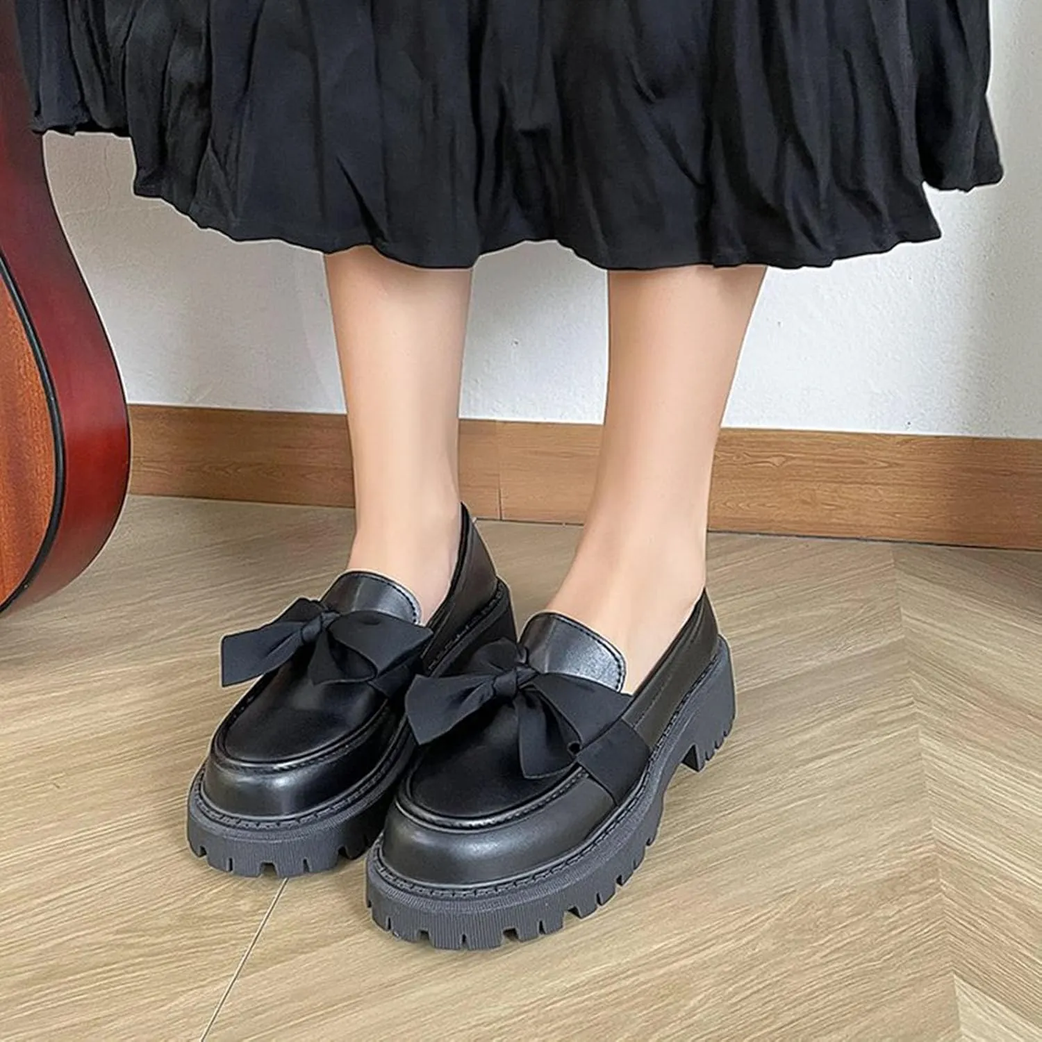 Women's Round Toe Bow Kitten Heel Shoes - 2025 Spring Retro Chunky Heel Oxford Shoes, Comfortable Work Dress Flats
