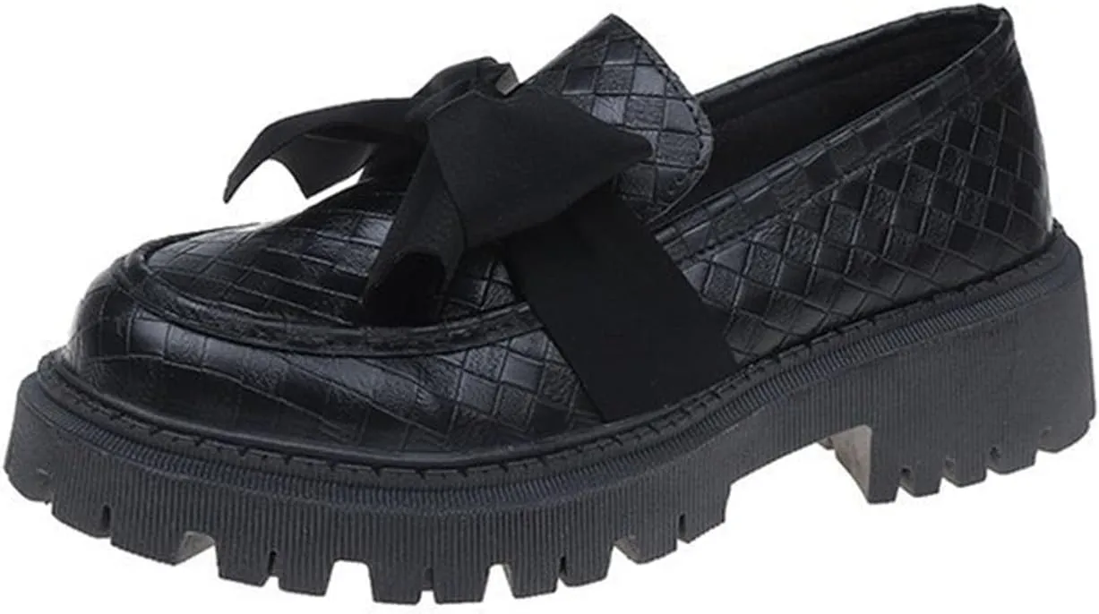 Women's Round Toe Bow Kitten Heel Shoes - 2025 Spring Retro Chunky Heel Oxford Shoes, Comfortable Work Dress Flats