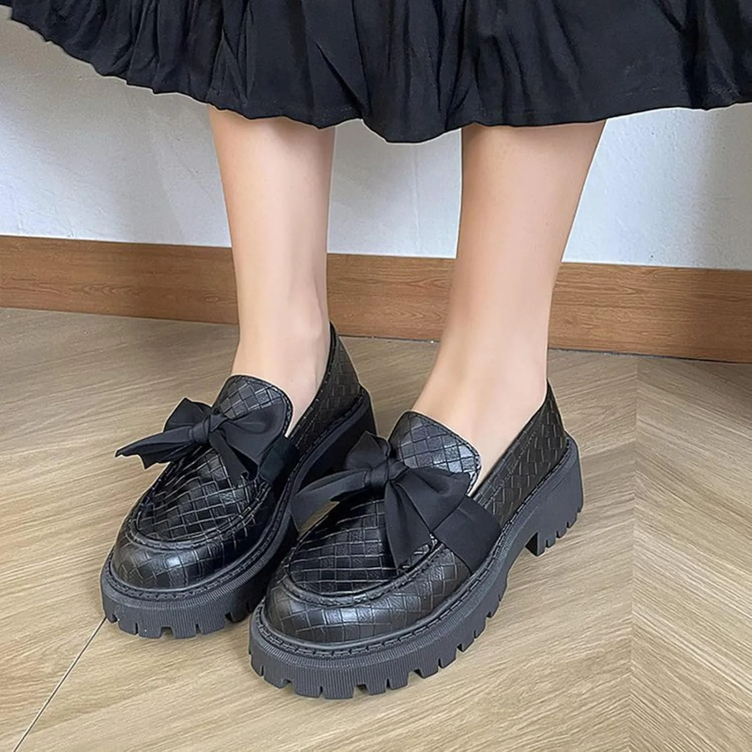 Women's Round Toe Bow Kitten Heel Shoes - 2025 Spring Retro Chunky Heel Oxford Shoes, Comfortable Work Dress Flats