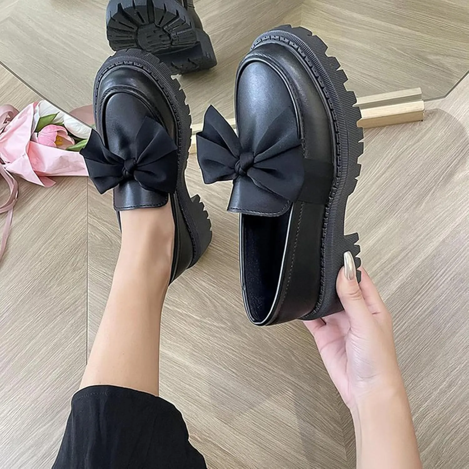 Women's Round Toe Bow Kitten Heel Shoes - 2025 Spring Retro Chunky Heel Oxford Shoes, Comfortable Work Dress Flats