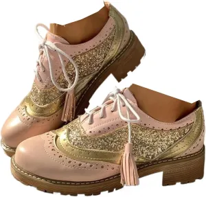 Women's Sexy Glitter Leather Perforated Lace-Up Oxfords Classic Patchwork Low Block Heel Sparkly Granules Wingtip Flat Brogues Shoes Round Toe Comfortable Derby Saddle Pumps