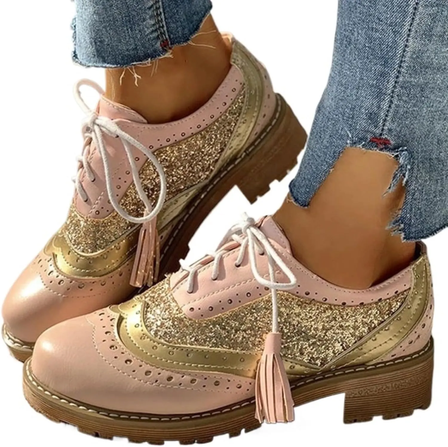 Women's Sexy Glitter Leather Perforated Lace-Up Oxfords Classic Patchwork Low Block Heel Sparkly Granules Wingtip Flat Brogues Shoes Round Toe Comfortable Derby Saddle Pumps