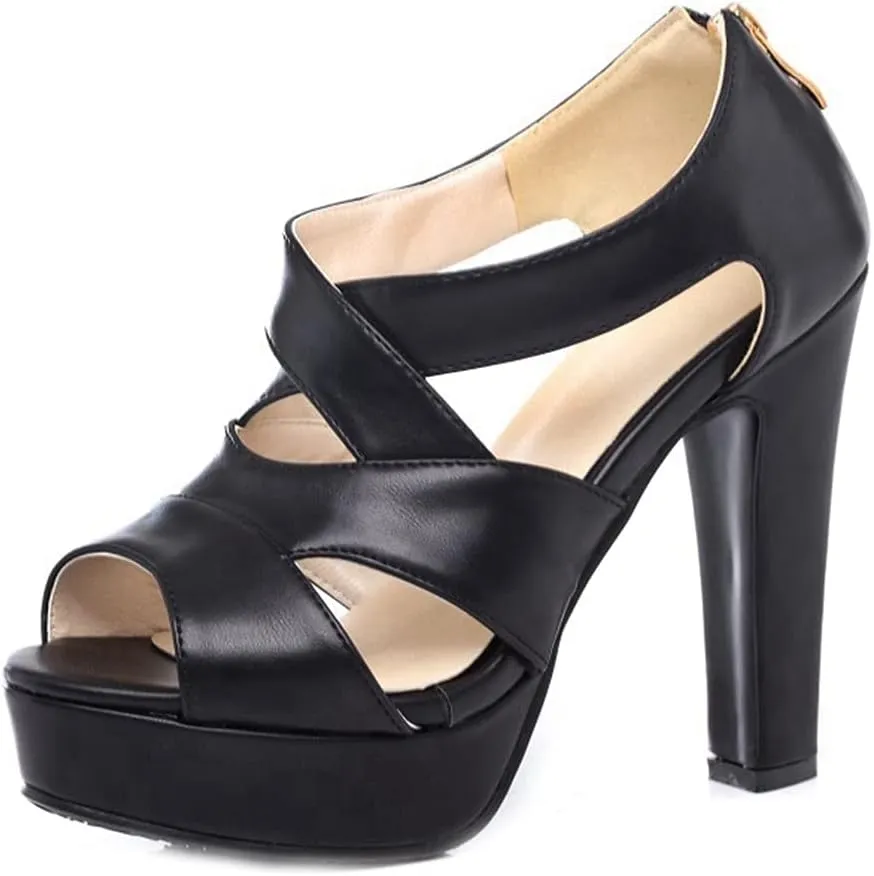 Women's Sexy Peep Toe Platform High Heel Sandals Crisscross Strappy Zip Chunky Block Heeled Sandal