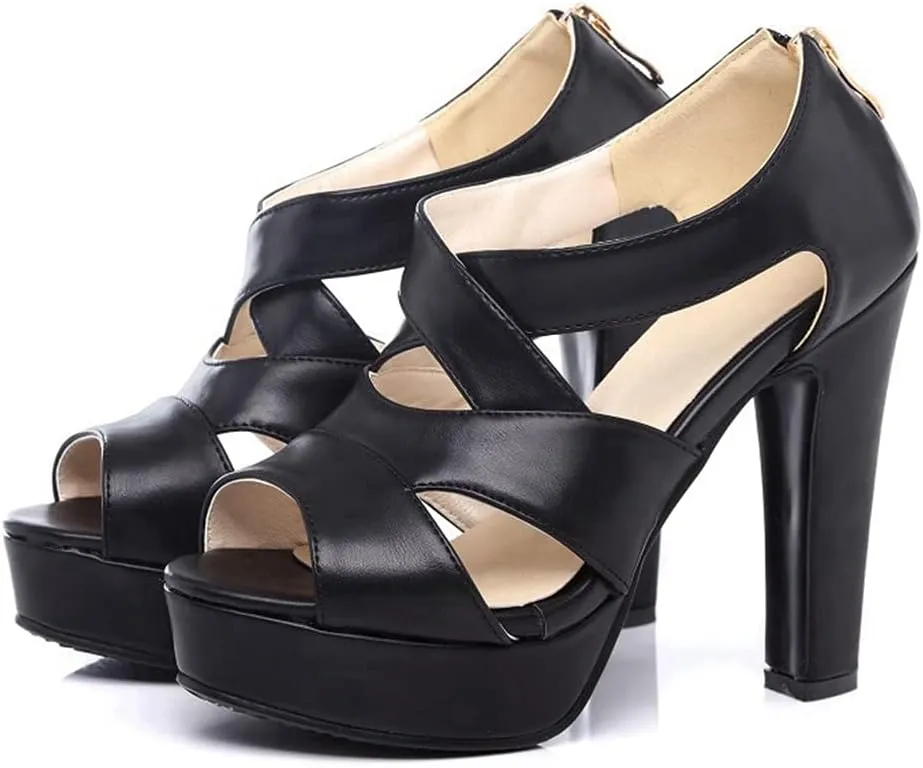 Women's Sexy Peep Toe Platform High Heel Sandals Crisscross Strappy Zip Chunky Block Heeled Sandal