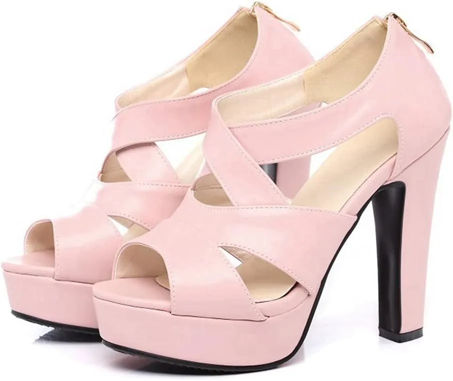 Women's Sexy Peep Toe Platform High Heel Sandals Crisscross Strappy Zip Chunky Block Heeled Sandal